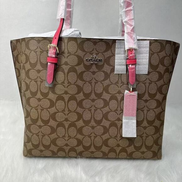 Coach Mollie Tote Bag In Signature Canvas In Khaki/Electric Pink 1665 NWT - Picture 2 of 11